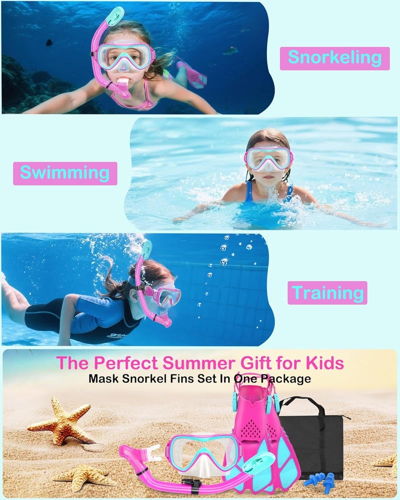 FosDero Kids Snorkel Set Mask Fins-Panoramic Snorkel Mask+Dry Top Snorkel+Adjustable Swim Fins+Mesh Bag+Earplugs for Boys Girls, Junior Snorkeling Gear for Kids Ages 5-14 - Image 2